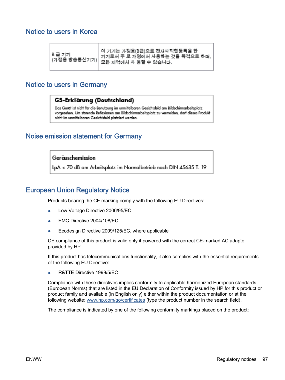 Notice to users in korea, Notice to users in germany, Noise emission statement for germany | European union regulatory notice | HP ENVY 5530 e-All-in-One Printer User Manual | Page 101 / 108