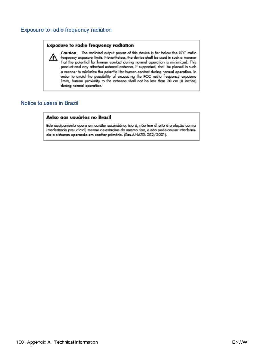 Exposure to radio frequency radiation, Notice to users in brazil | HP ENVY 5530 e-All-in-One Printer User Manual | Page 104 / 108