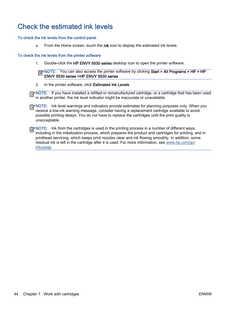 Check the estimated ink levels | HP ENVY 5530 e-All-in-One Printer User Manual | Page 48 / 108