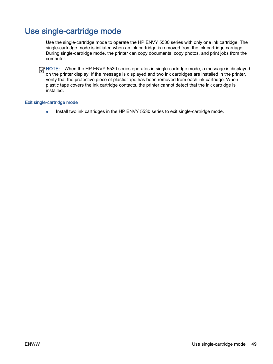 Use single-cartridge mode | HP ENVY 5530 e-All-in-One Printer User Manual | Page 53 / 108