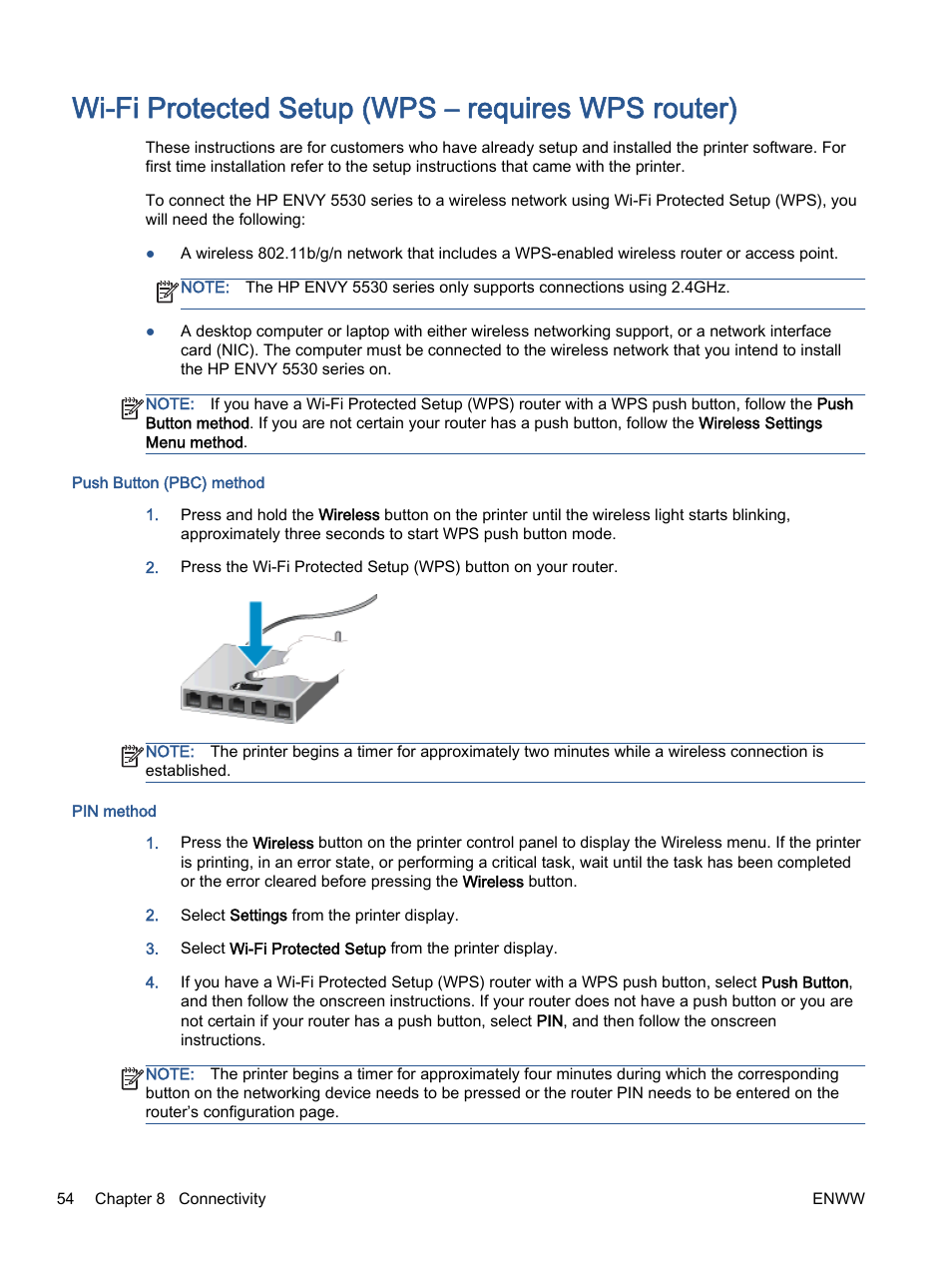 Wi-fi protected setup (wps – requires wps router) | HP ENVY 5530 e-All-in-One Printer User Manual | Page 58 / 108