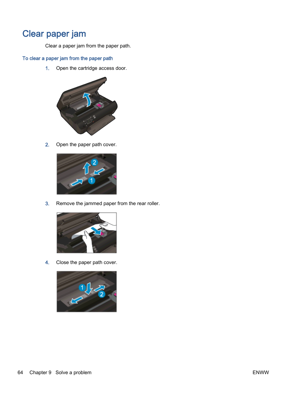 Clear paper jam | HP ENVY 5530 e-All-in-One Printer User Manual | Page 68 / 108