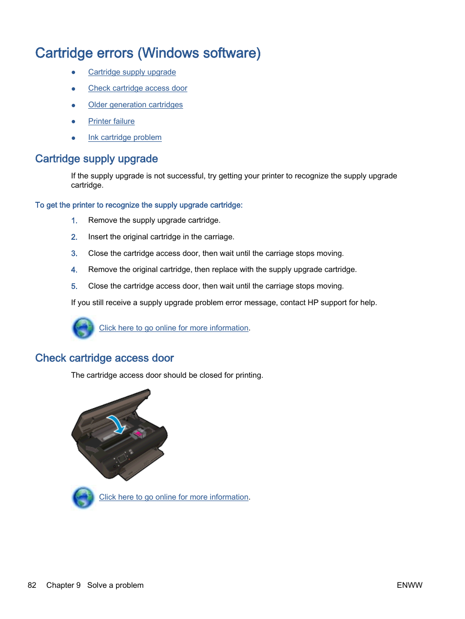 Cartridge errors (windows software), Cartridge supply upgrade, Check cartridge access door | HP ENVY 5530 e-All-in-One Printer User Manual | Page 86 / 108