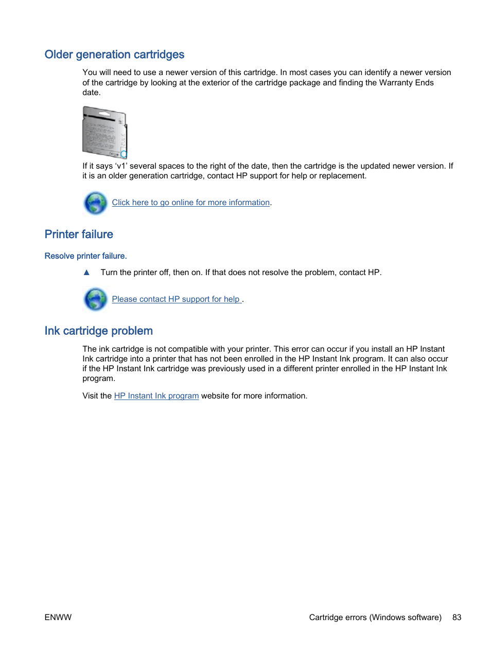 Older generation cartridges, Printer failure, Ink cartridge problem | HP ENVY 5530 e-All-in-One Printer User Manual | Page 87 / 108