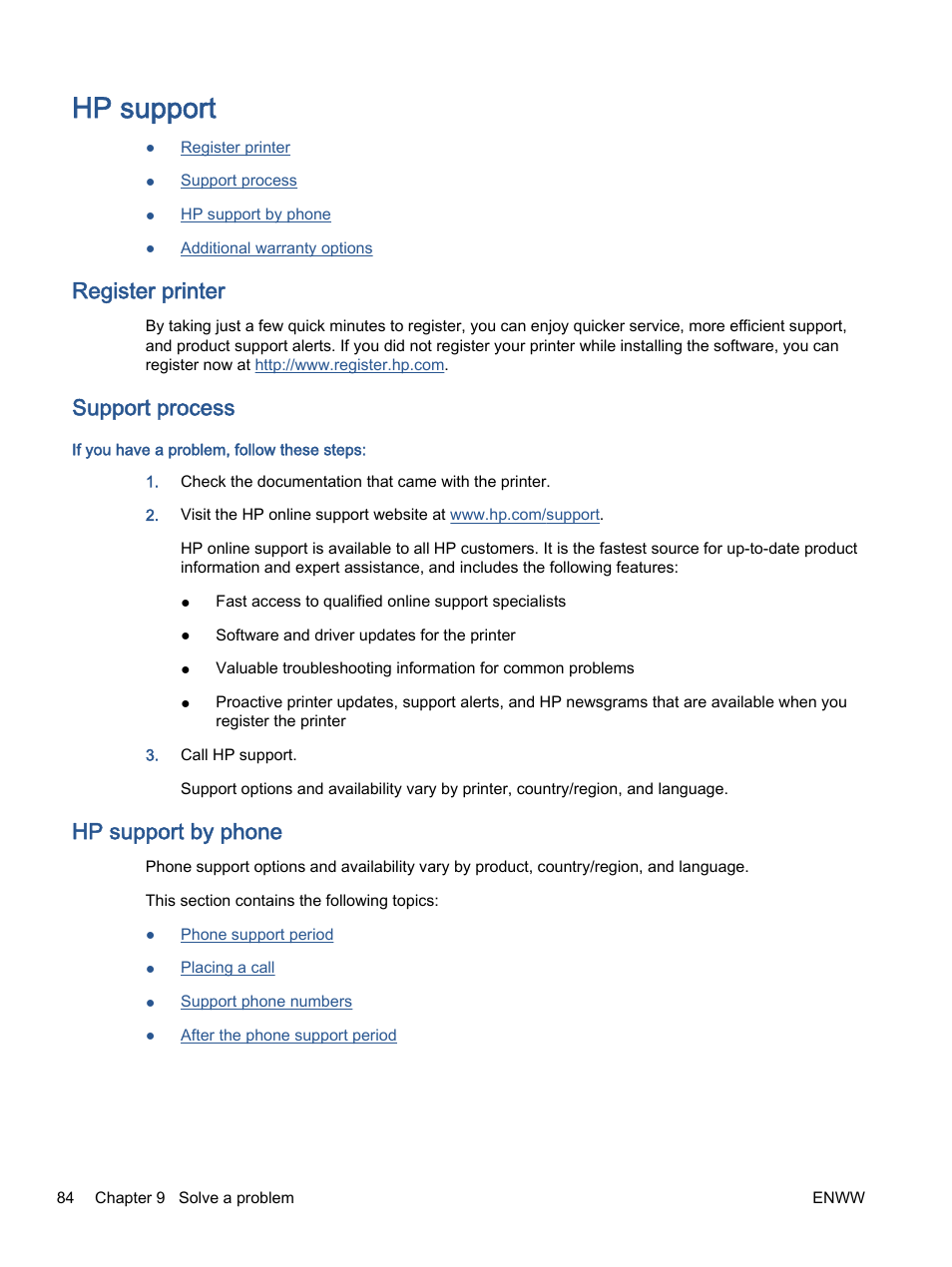Hp support, Register printer, Support process | Hp support by phone | HP ENVY 5530 e-All-in-One Printer User Manual | Page 88 / 108
