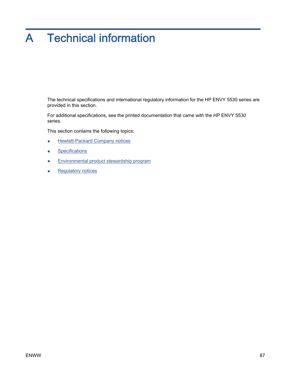 Technical information, Appendix a technical information, A technical information | HP ENVY 5530 e-All-in-One Printer User Manual | Page 91 / 108