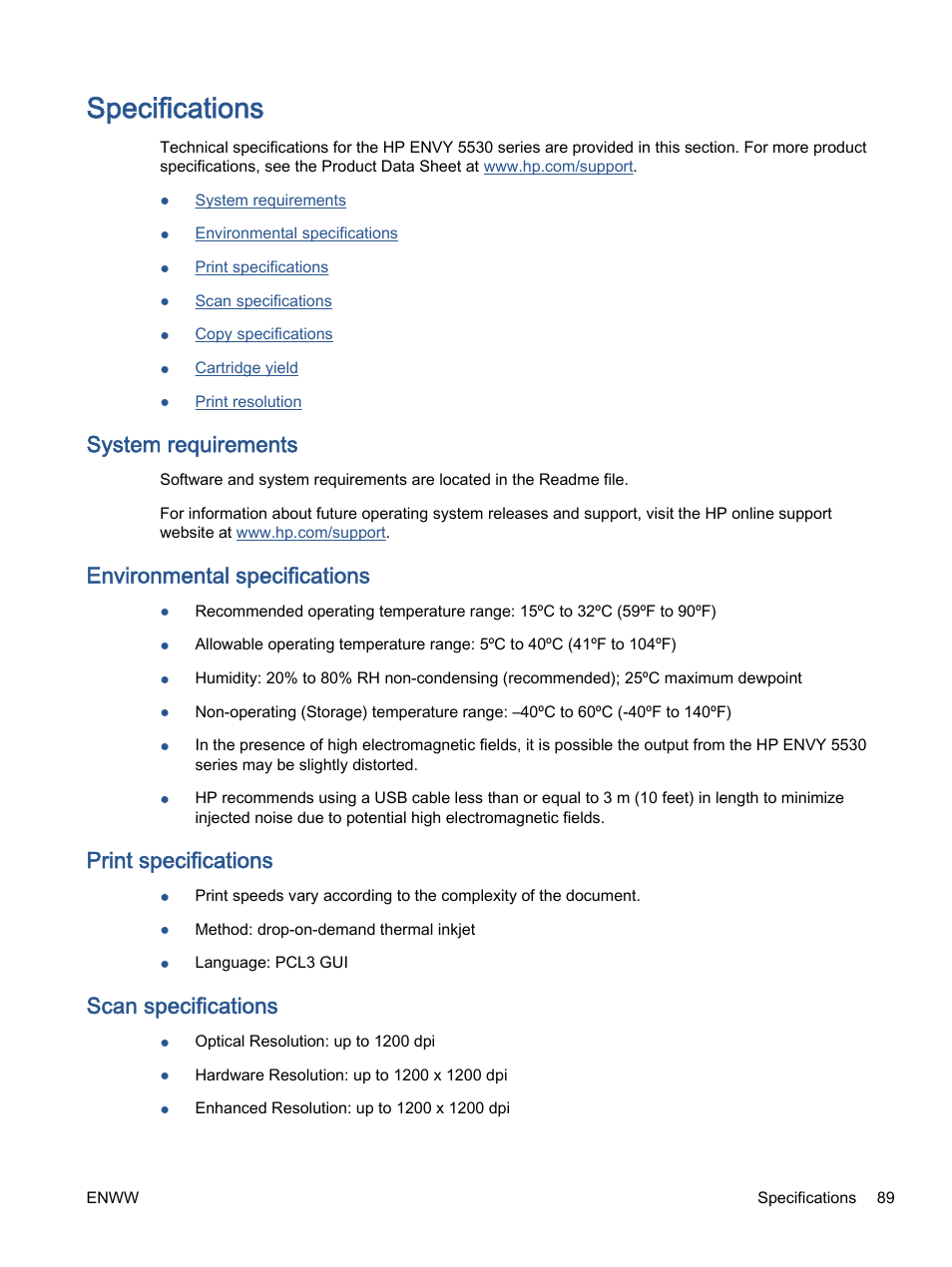 Specifications, System requirements, Environmental specifications | Print specifications, Scan specifications | HP ENVY 5530 e-All-in-One Printer User Manual | Page 93 / 108