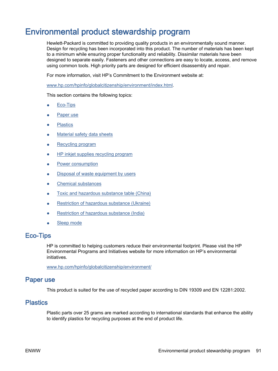 Environmental product stewardship program, Eco-tips, Paper use | Plastics | HP ENVY 5530 e-All-in-One Printer User Manual | Page 95 / 108