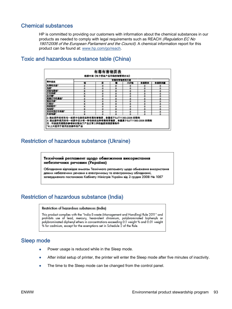 Chemical substances, Toxic and hazardous substance table (china), Restriction of hazardous substance (ukraine) | Restriction of hazardous substance (india), Sleep mode | HP ENVY 5530 e-All-in-One Printer User Manual | Page 97 / 108