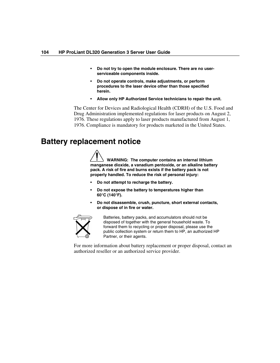 Battery replacement notice | HP ProLiant DL320 G3 Server User Manual | Page 104 / 119