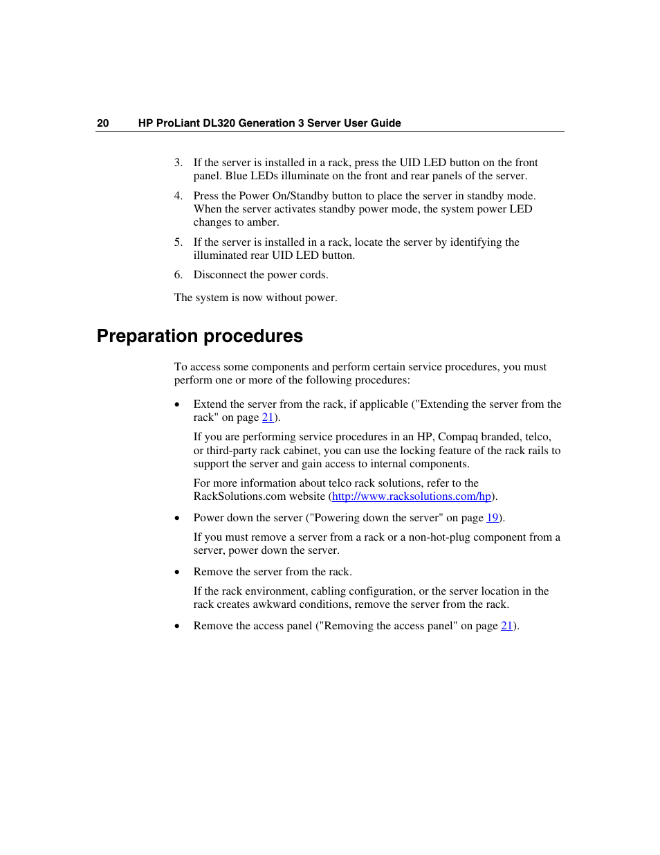 Preparation procedures | HP ProLiant DL320 G3 Server User Manual | Page 20 / 119