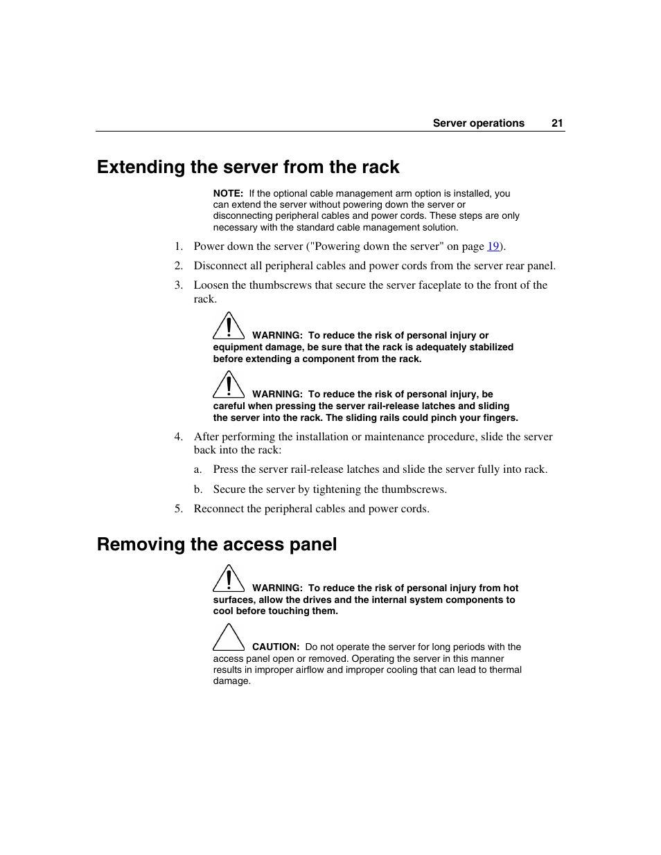 Extending the server from the rack, Removing the access panel, Licable ("extending the server from the | HP ProLiant DL320 G3 Server User Manual | Page 21 / 119