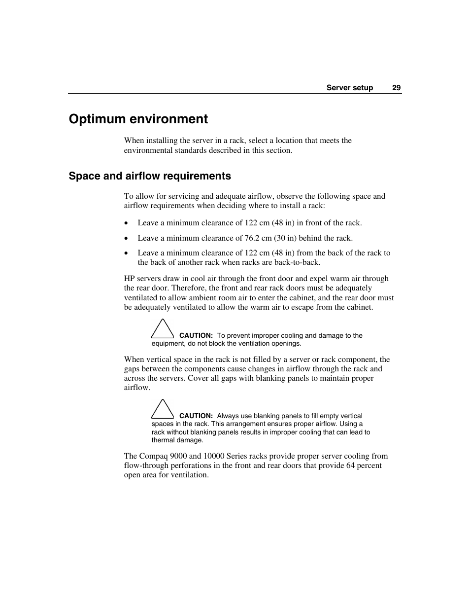 Optimum environment, Space and airflow requirements | HP ProLiant DL320 G3 Server User Manual | Page 29 / 119