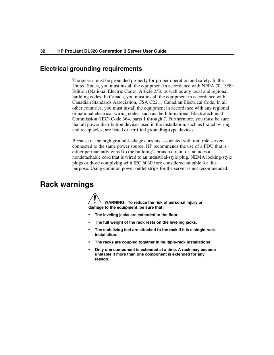 Electrical grounding requirements, Rack warnings | HP ProLiant DL320 G3 Server User Manual | Page 32 / 119