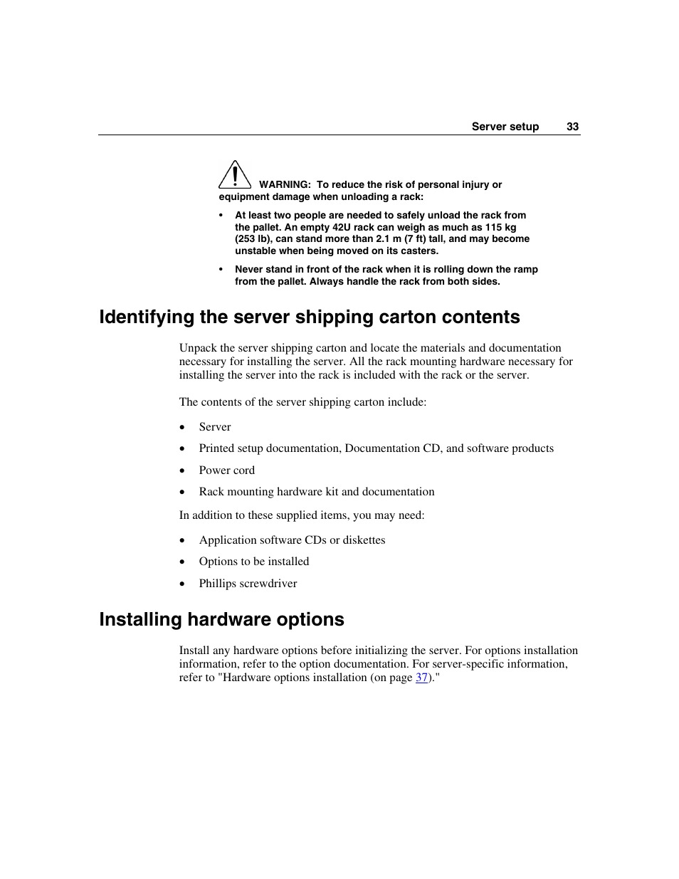 Identifying the server shipping carton contents, Installing hardware options | HP ProLiant DL320 G3 Server User Manual | Page 33 / 119