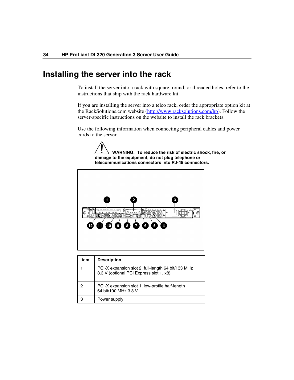 Installing the server into the rack | HP ProLiant DL320 G3 Server User Manual | Page 34 / 119