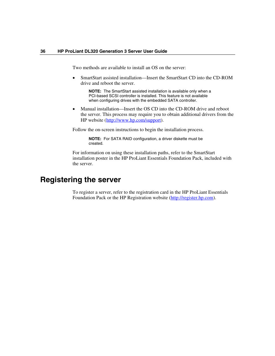 Registering the server | HP ProLiant DL320 G3 Server User Manual | Page 36 / 119