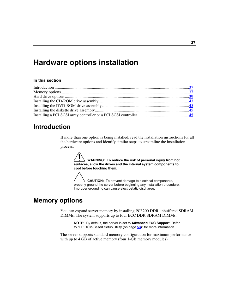 Hardware options installation, Introduction, Memory options | HP ProLiant DL320 G3 Server User Manual | Page 37 / 119