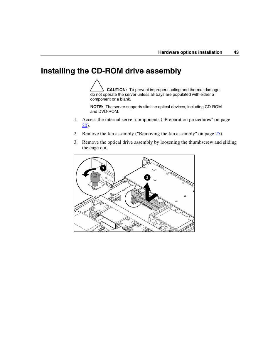 Installing the cd-rom drive assembly | HP ProLiant DL320 G3 Server User Manual | Page 43 / 119