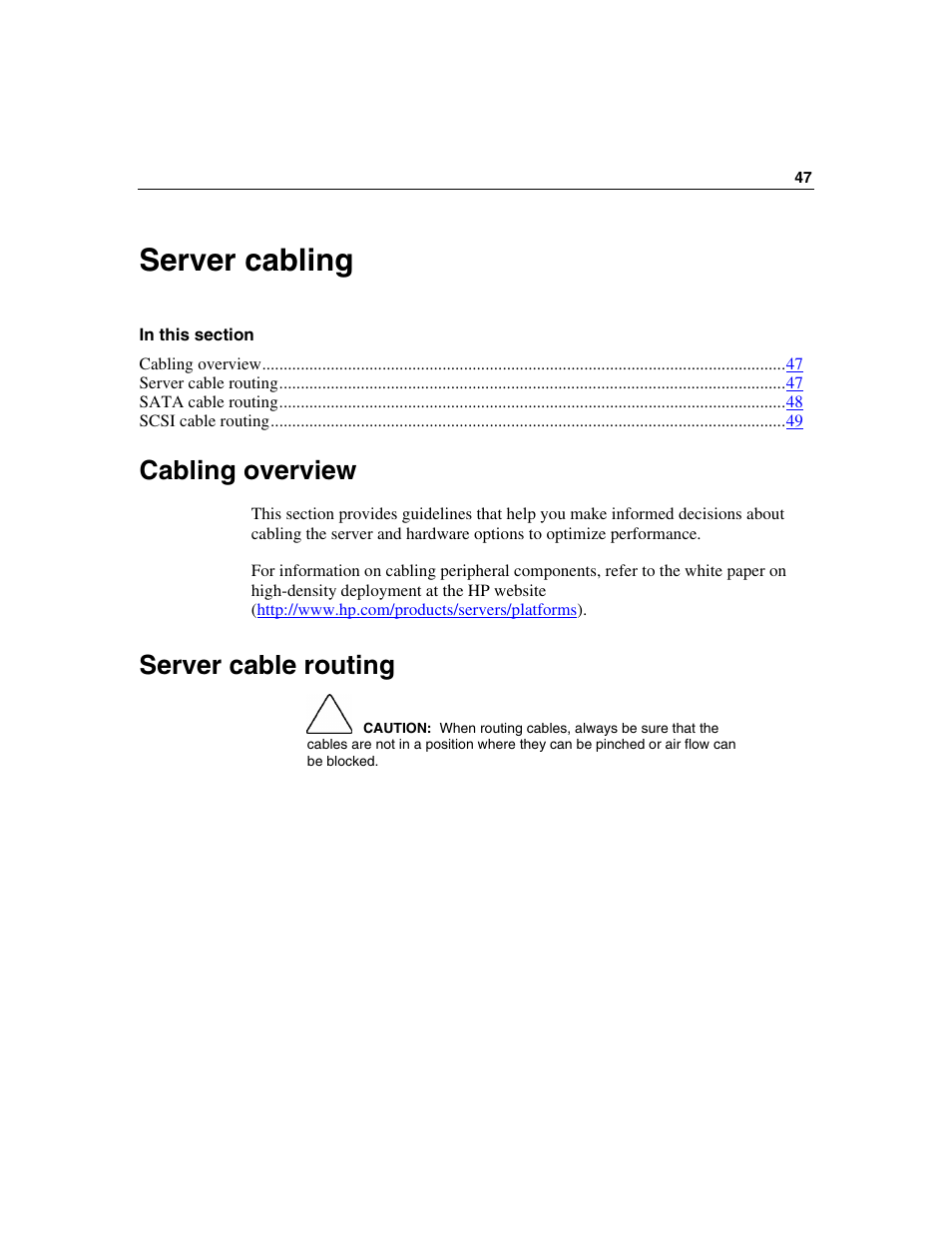 Server cabling, Cabling overview, Server cable routing | HP ProLiant DL320 G3 Server User Manual | Page 47 / 119