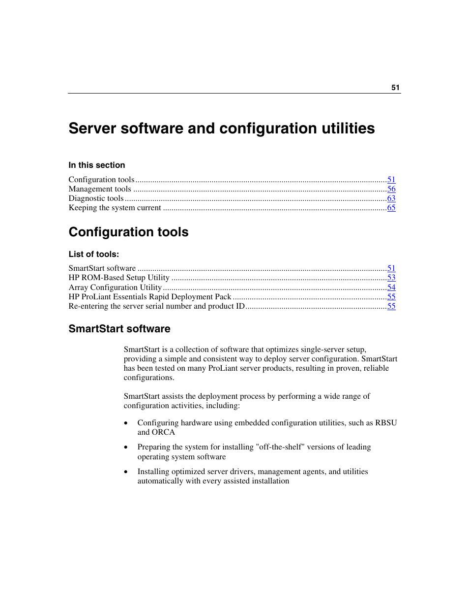 Server software and configuration utilities, Configuration tools, Smartstart software | HP ProLiant DL320 G3 Server User Manual | Page 51 / 119