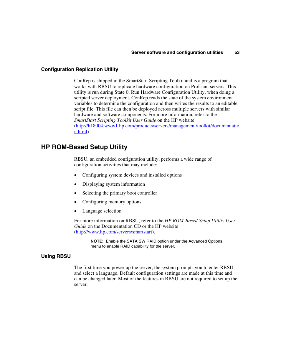Configuration replication utility, Hp rom-based setup utility, Using rbsu | For more information | HP ProLiant DL320 G3 Server User Manual | Page 53 / 119