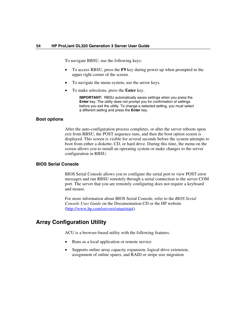 Boot options, Bios serial console, Array configuration utility | Array | HP ProLiant DL320 G3 Server User Manual | Page 54 / 119