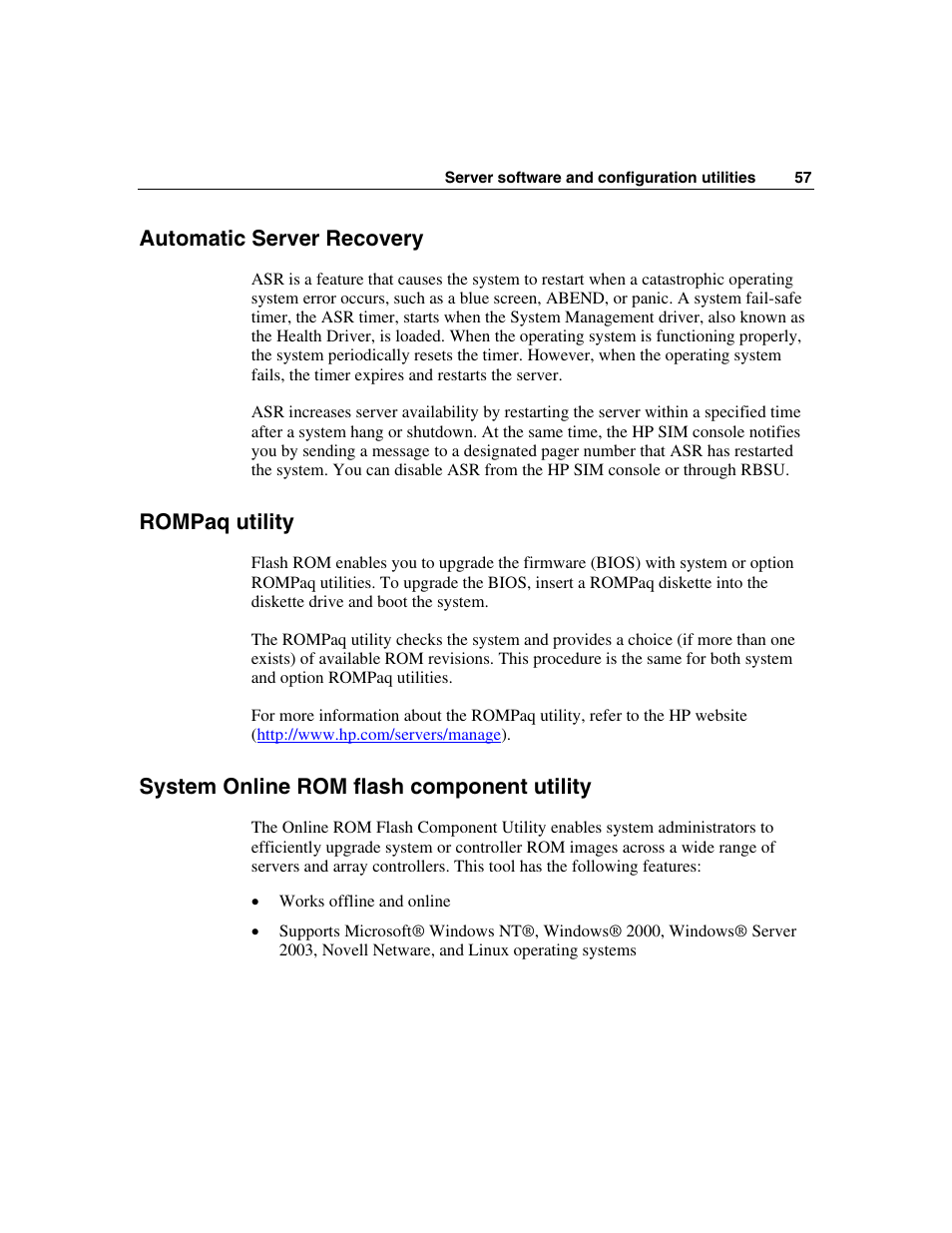 Automatic server recovery, Rompaq utility, System online rom flash component utility | HP ProLiant DL320 G3 Server User Manual | Page 57 / 119