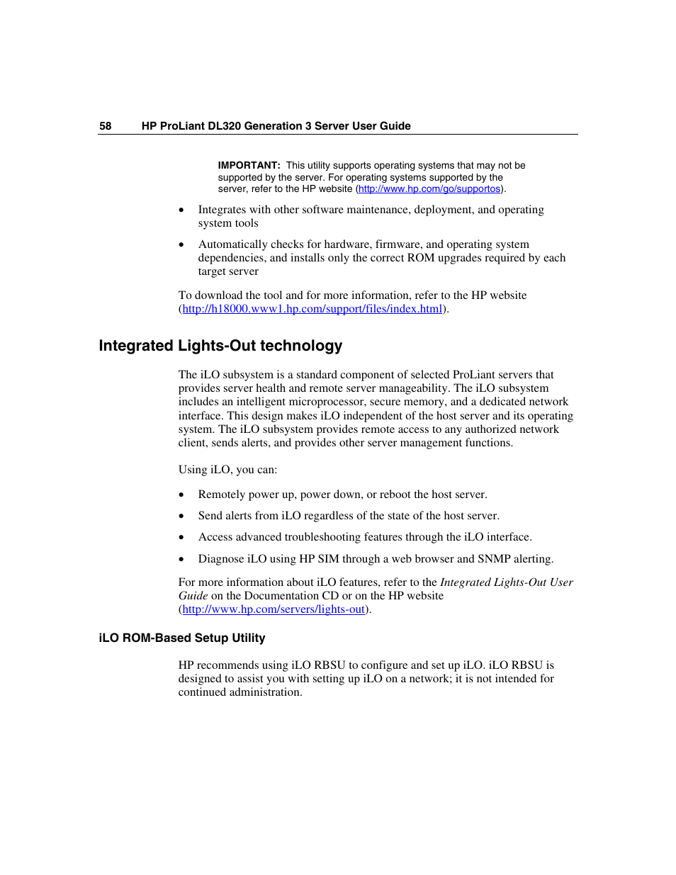 Integrated lights-out technology, Ilo rom-based setup utility | HP ProLiant DL320 G3 Server User Manual | Page 58 / 119