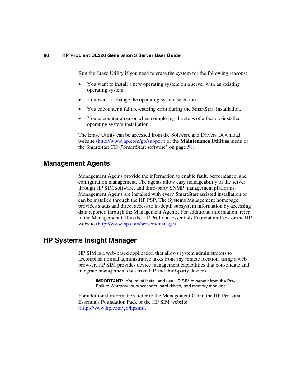 Management agents, Hp systems insight manager | HP ProLiant DL320 G3 Server User Manual | Page 60 / 119
