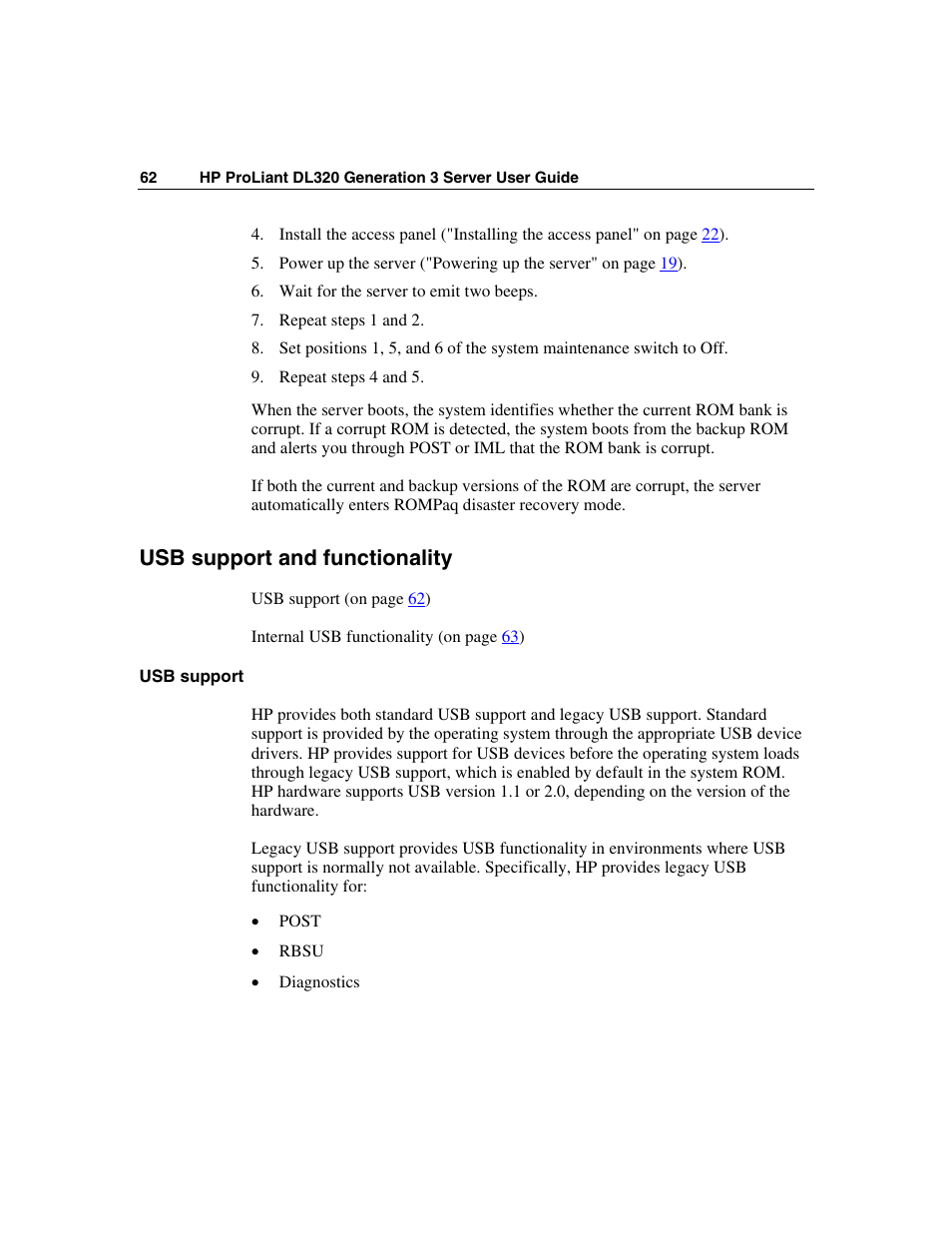 Usb support and functionality, Usb support | HP ProLiant DL320 G3 Server User Manual | Page 62 / 119