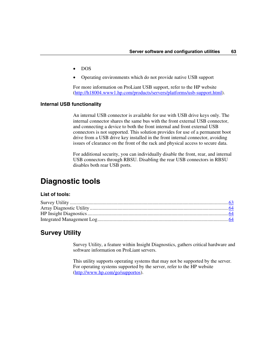 Internal usb functionality, Diagnostic tools, Survey utility | HP ProLiant DL320 G3 Server User Manual | Page 63 / 119