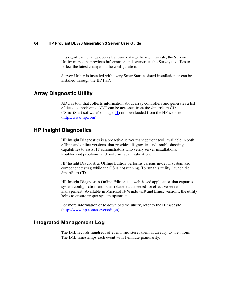 Array diagnostic utility, Hp insight diagnostics, Integrated management log | Sight diagnostics utility ("hp insight, And eras | HP ProLiant DL320 G3 Server User Manual | Page 64 / 119