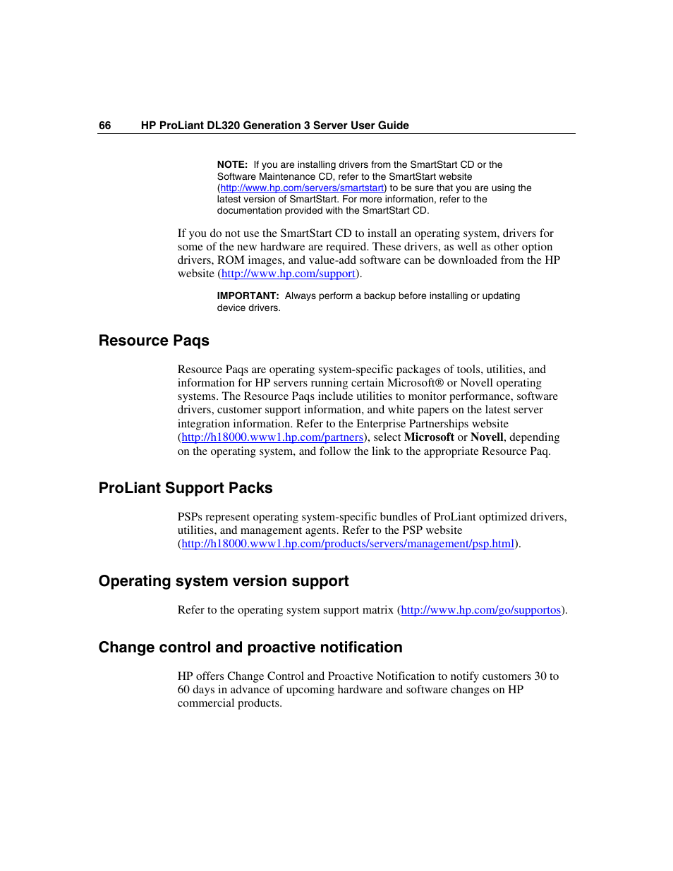Resource paqs, Proliant support packs, Operating system version support | Change control and proactive notification | HP ProLiant DL320 G3 Server User Manual | Page 66 / 119