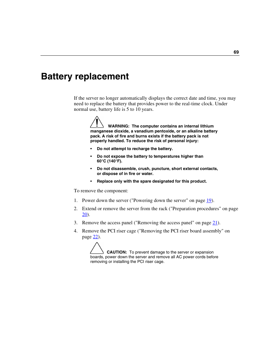 Battery replacement | HP ProLiant DL320 G3 Server User Manual | Page 69 / 119
