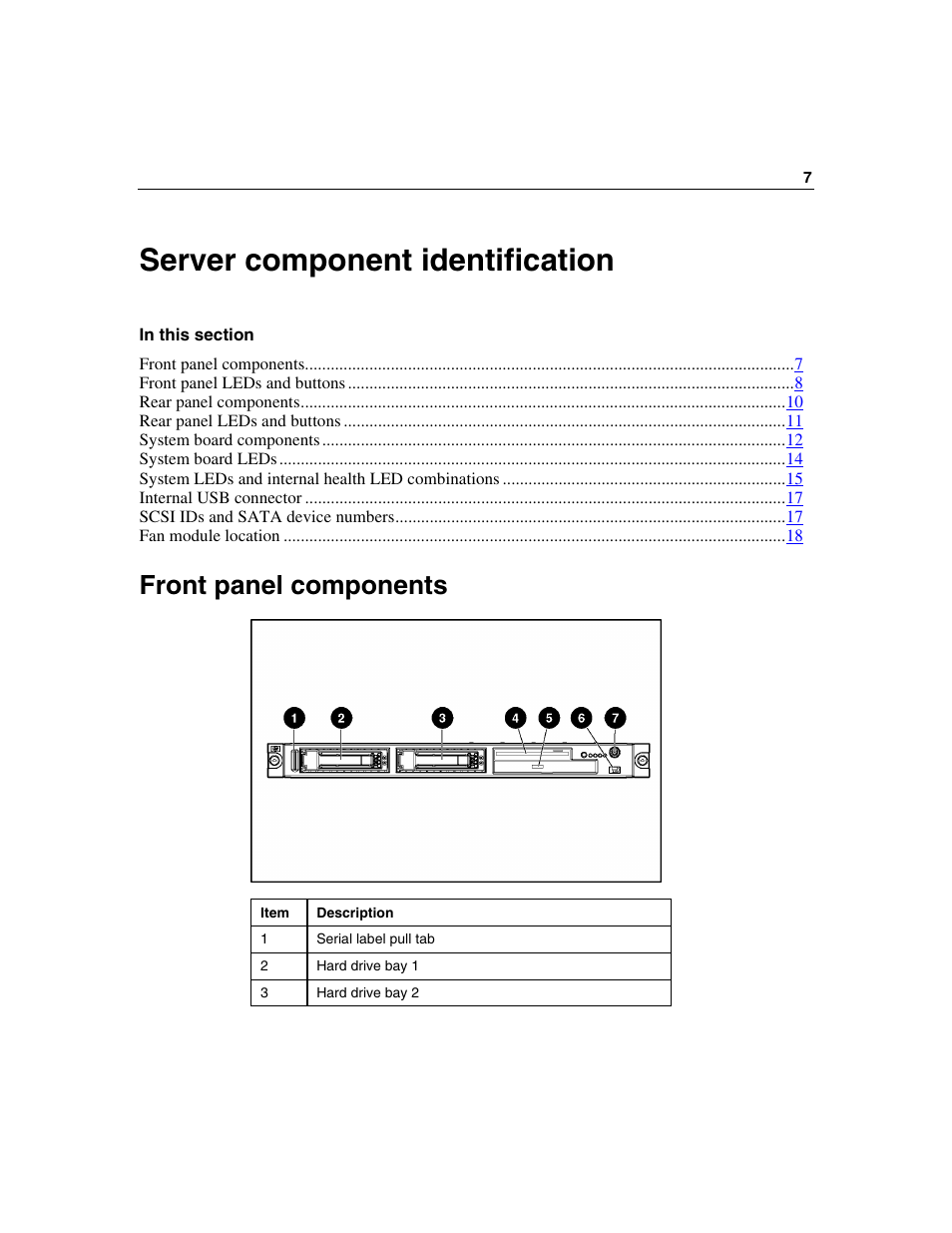 Server component identification, Front panel components | HP ProLiant DL320 G3 Server User Manual | Page 7 / 119
