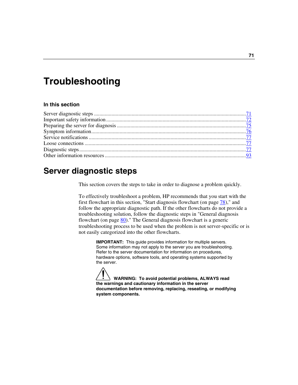 Troubleshooting, Server diagnostic steps, Troubleshooting 71 | HP ProLiant DL320 G3 Server User Manual | Page 71 / 119