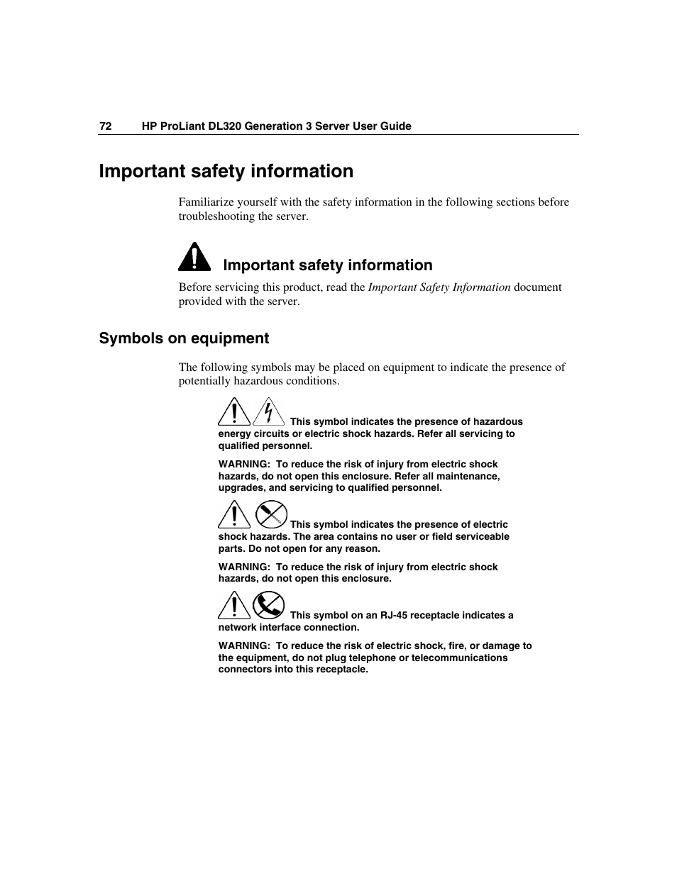 Important safety information, Symbols on equipment | HP ProLiant DL320 G3 Server User Manual | Page 72 / 119