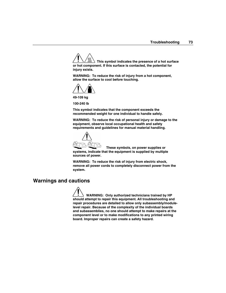 Warnings and cautions | HP ProLiant DL320 G3 Server User Manual | Page 73 / 119