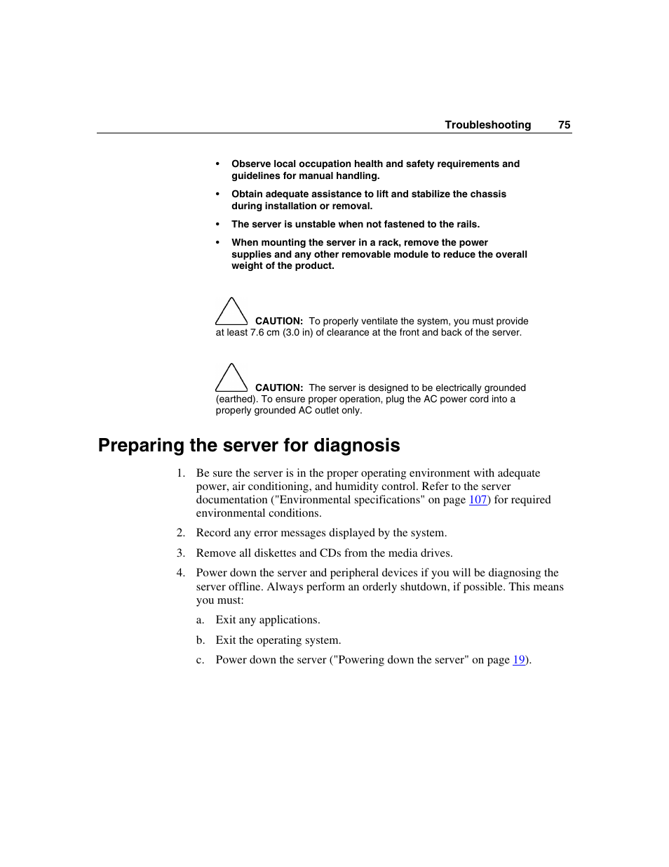 Preparing the server for diagnosis | HP ProLiant DL320 G3 Server User Manual | Page 75 / 119