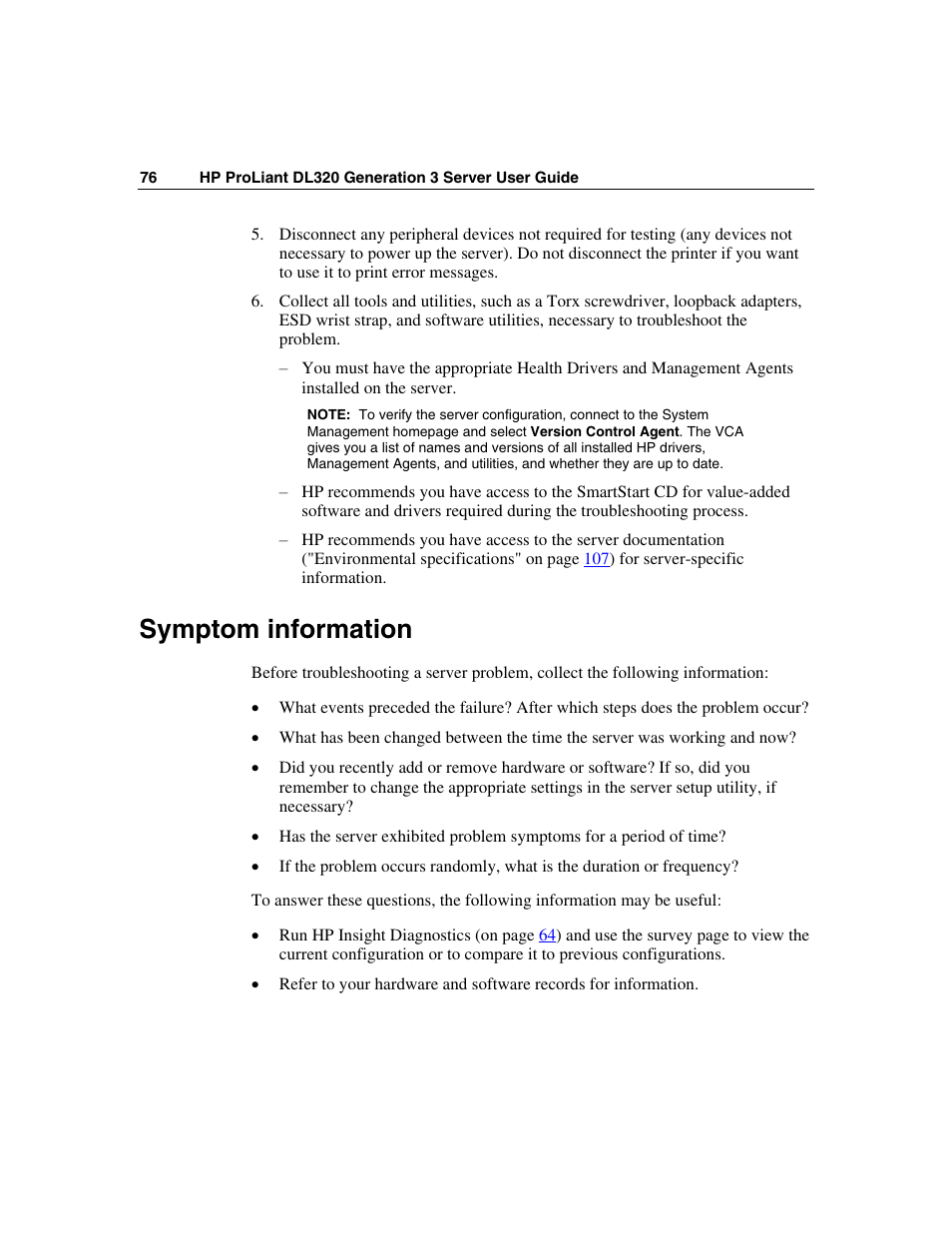 Symptom information | HP ProLiant DL320 G3 Server User Manual | Page 76 / 119