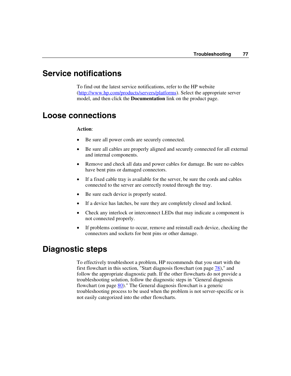 Service notifications, Loose connections, Diagnostic steps | HP ProLiant DL320 G3 Server User Manual | Page 77 / 119