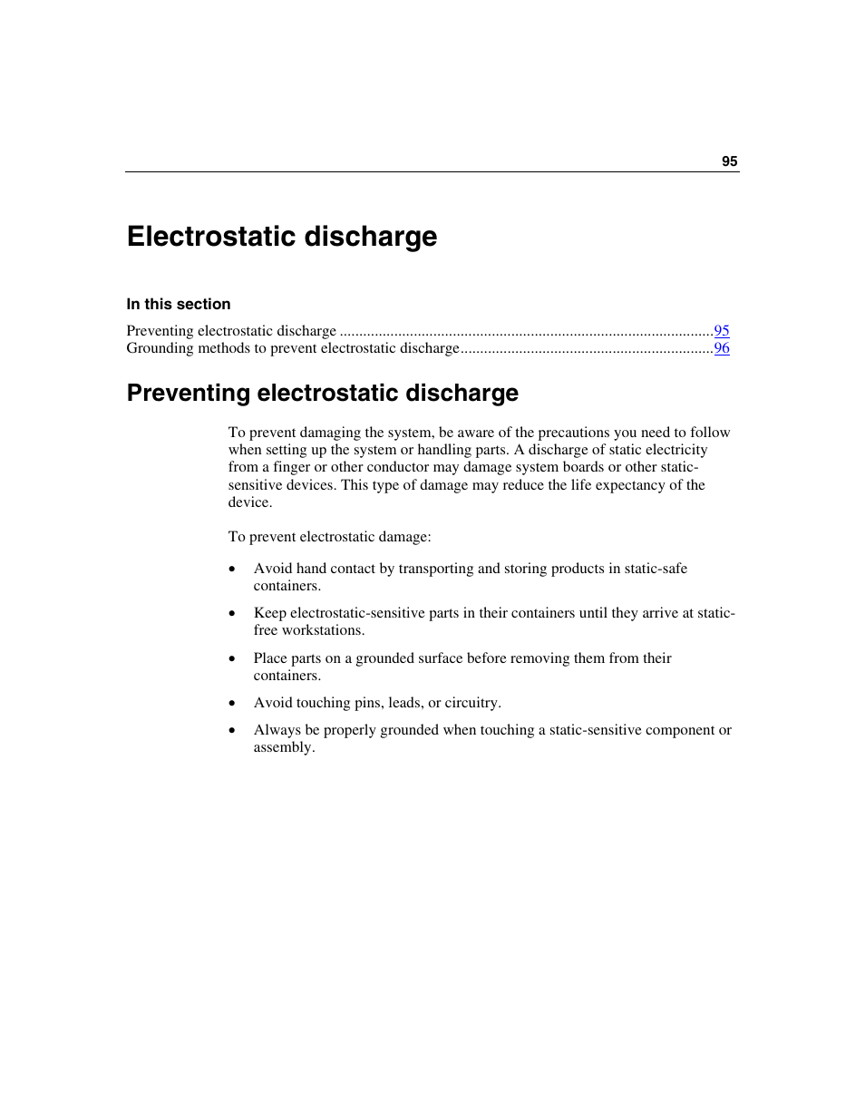 Electrostatic discharge, Preventing electrostatic discharge | HP ProLiant DL320 G3 Server User Manual | Page 95 / 119