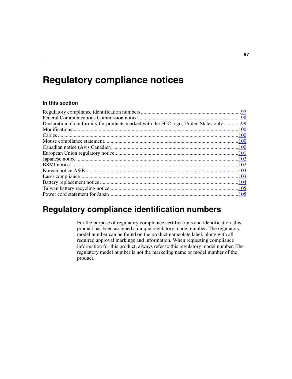 Regulatory compliance notices, Regulatory compliance identification numbers | HP ProLiant DL320 G3 Server User Manual | Page 97 / 119