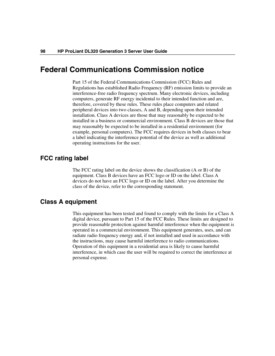 Federal communications commission notice, Fcc rating label, Class a equipment | HP ProLiant DL320 G3 Server User Manual | Page 98 / 119