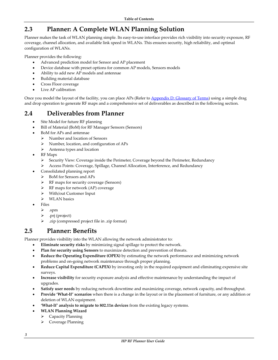 3 planner: a complete wlan planning solution, 4 deliverables from planner, 5 planner: benefits | Lanner, Omplete, Wlan, Lanning, Olution, Eliverables from, Enefits | HP Radio Frequency Planner Software Series User Manual | Page 10 / 120