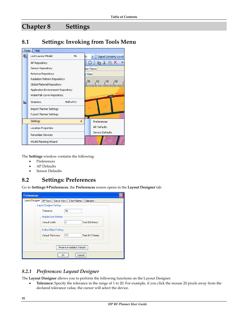 Chapter 8 settings, 1 settings: invoking from tools menu, 2 settings: preferences | Chapter 8, Settings, Ettings, Nvoking from, Ools, References, Preferences: layout designer | HP Radio Frequency Planner Software Series User Manual | Page 102 / 120