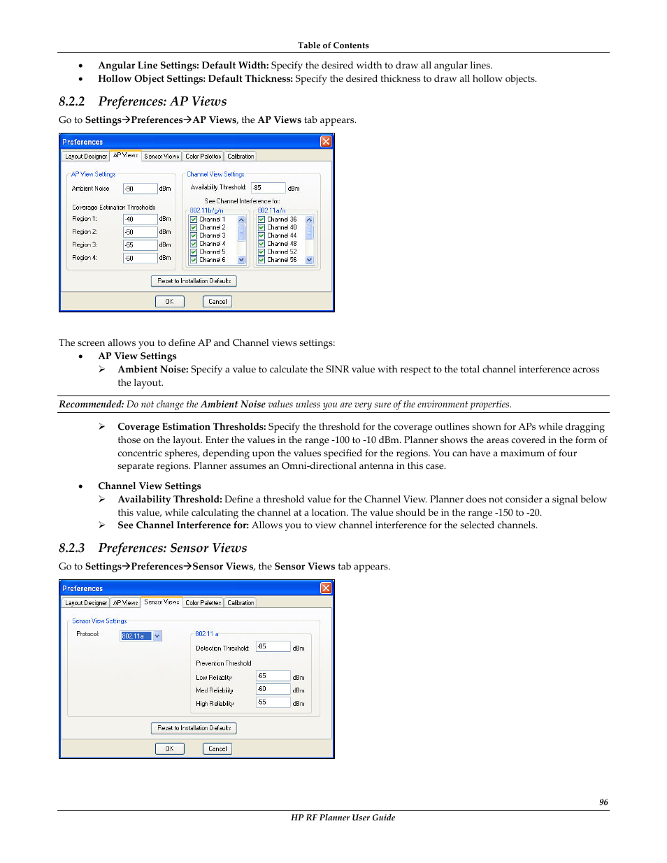 Preferences: ap views, Preferences: sensor views, 2 preferences: ap views | 3 preferences: sensor views | HP Radio Frequency Planner Software Series User Manual | Page 103 / 120