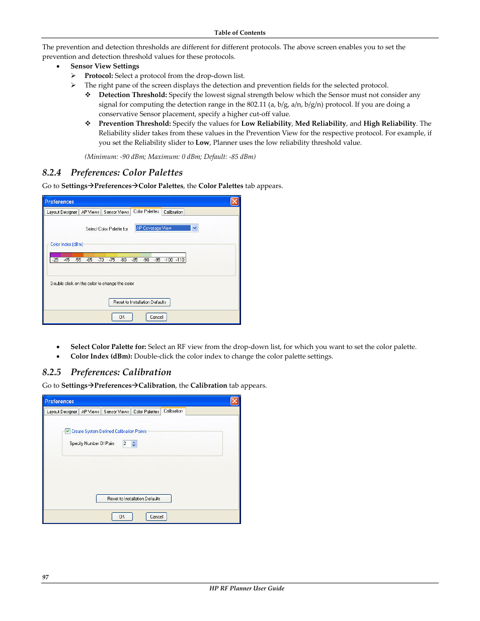 Preferences: color palettes, Preferences: calibration, 4 preferences: color palettes | 5 preferences: calibration | HP Radio Frequency Planner Software Series User Manual | Page 104 / 120