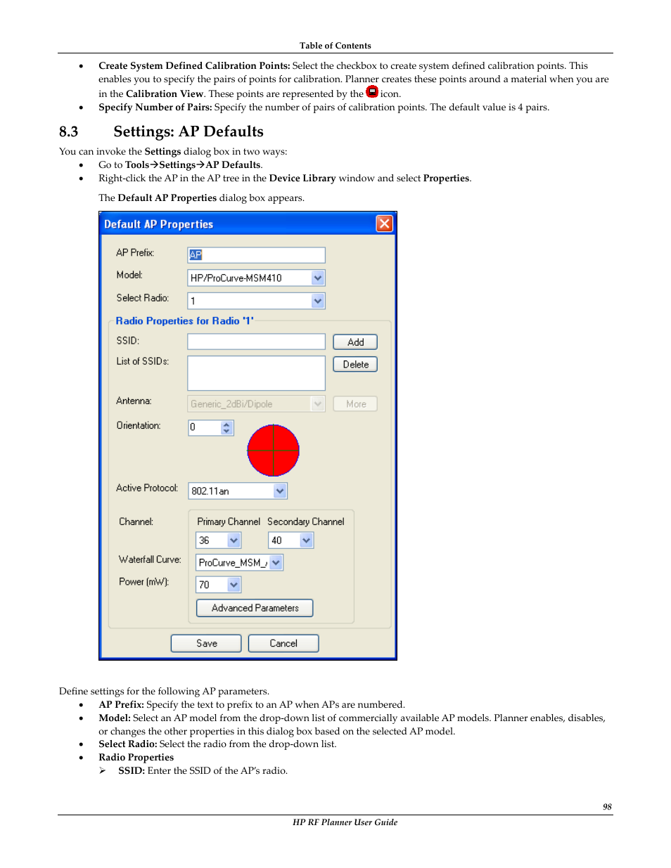 3 settings: ap defaults, Ettings, Efaults | Settings: ap defaults | HP Radio Frequency Planner Software Series User Manual | Page 105 / 120